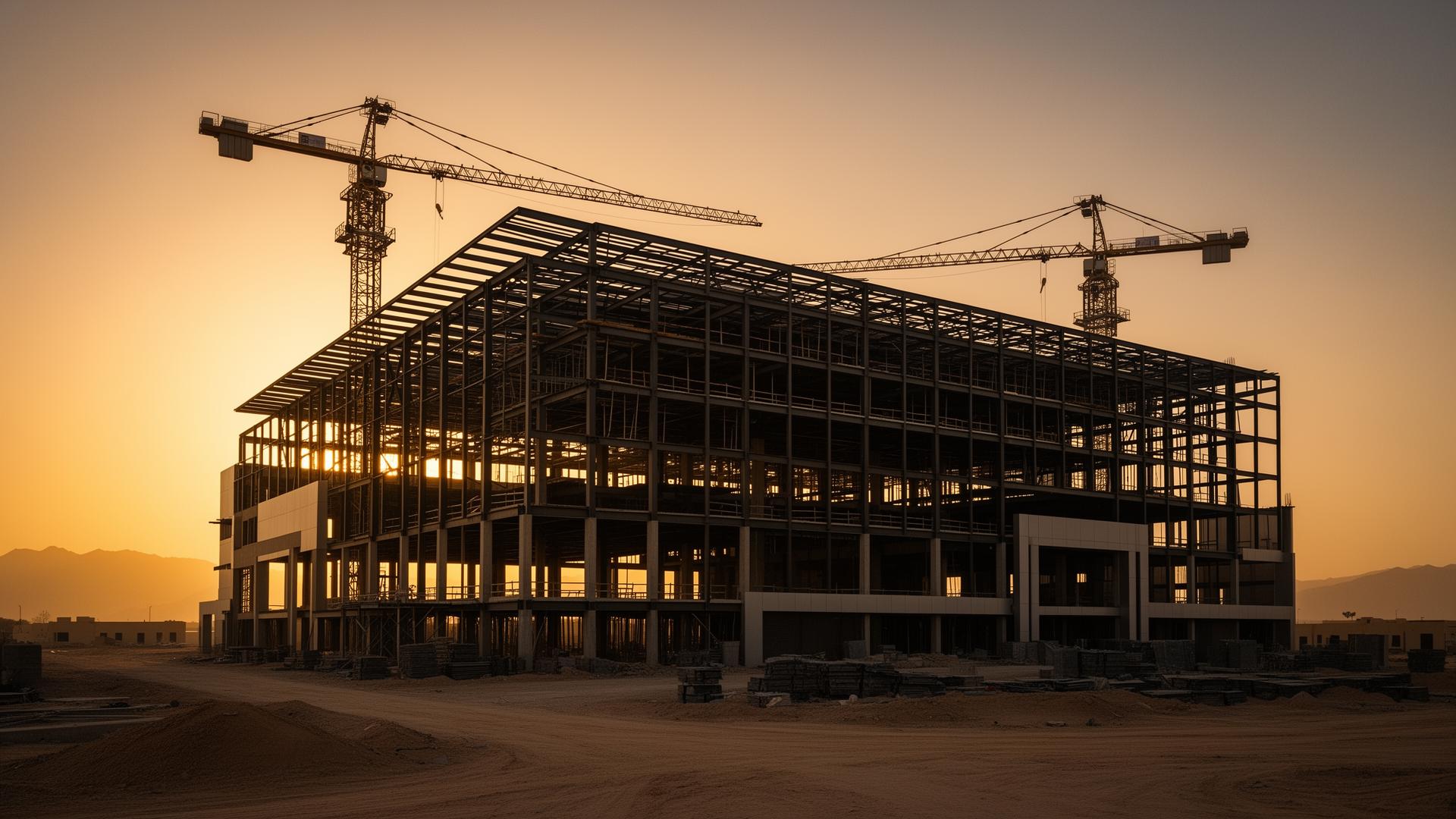 Al Boom Group commercial building project at golden hour in the UAE